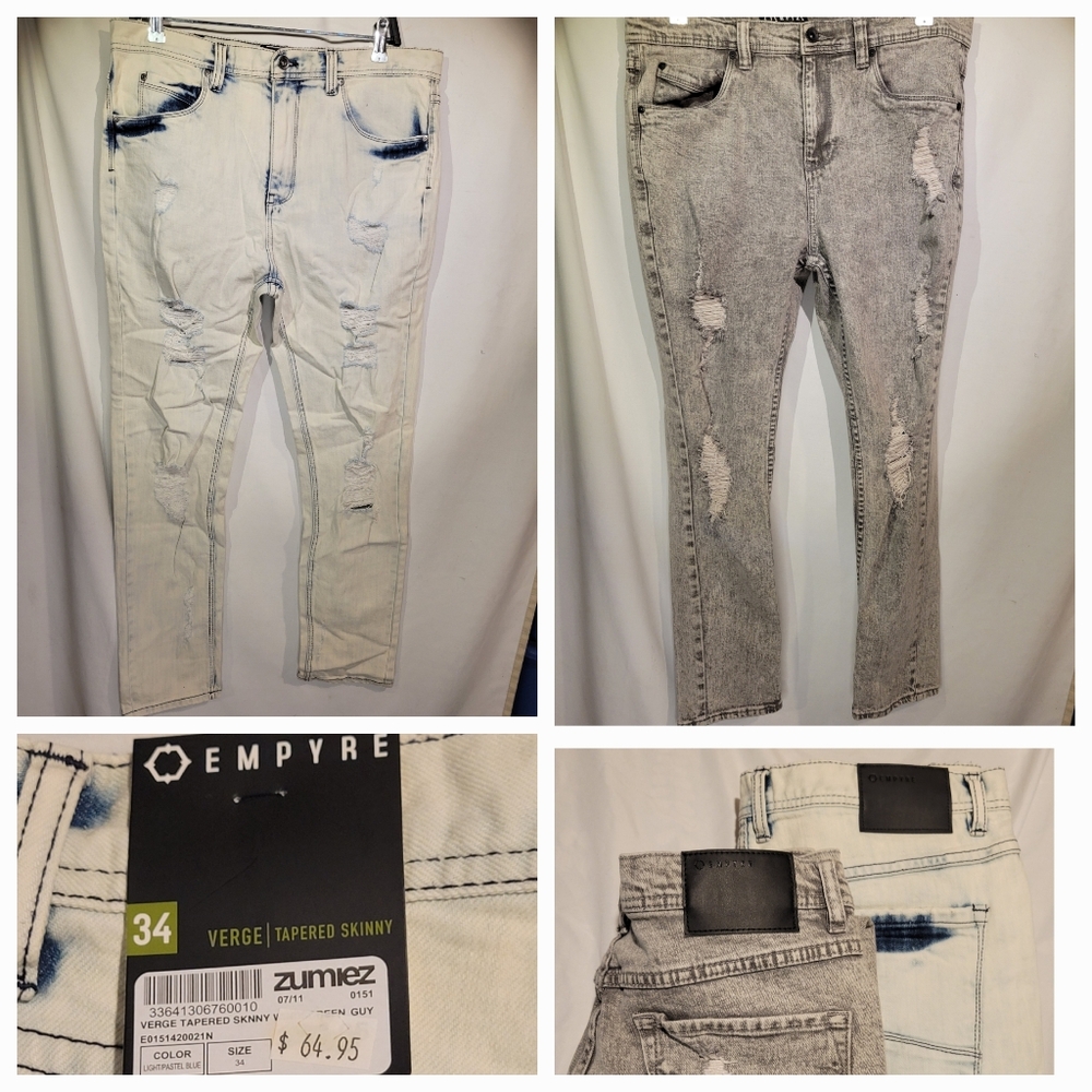 👖TWO pair LOT EMPYRE Verge Tapered Skinny Distressed Jeans - SIZE 34 - NWT ⬇️